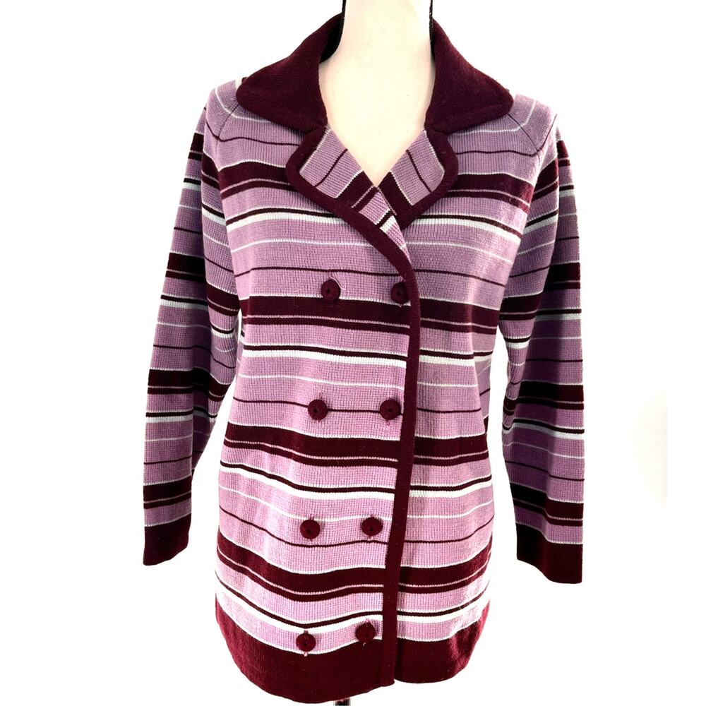 Vintage Women's Med 1970's double breasted purple stripe button front cardigan
